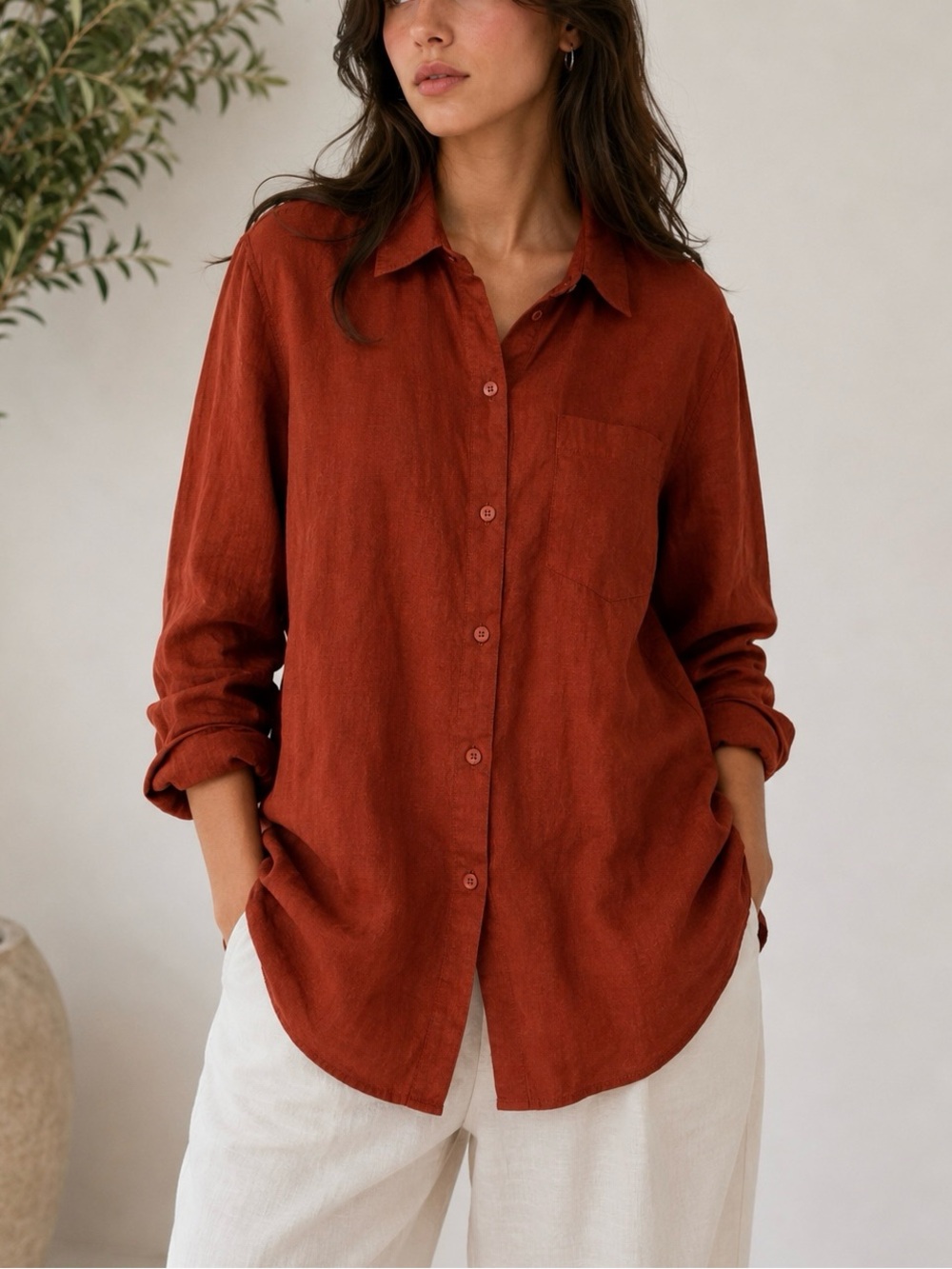 Linen Blend Oversized Shirt NWT H&M Rust Terracotta Button Down Size S